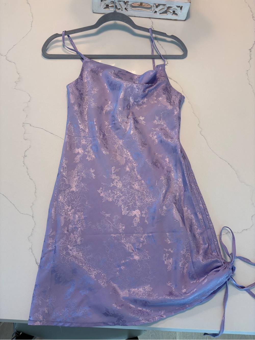 Lilac Floral Satin Mini Dress with Cowl Neck